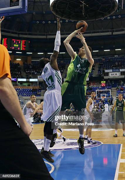 Fran Vazquez, #17 of Unicaja Malaga in action during the 2013-2014 Turkish Airlines Euroleague Top 16 Date 6 game between Unicaja Malaga v...