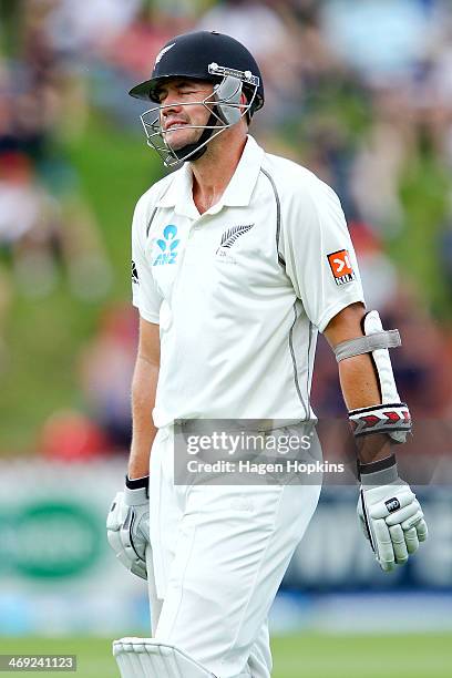 Peter Fulton of New Zealand leaves the field after being dismissed during day one of the 2nd Test match between New Zealand and India on February 14,...