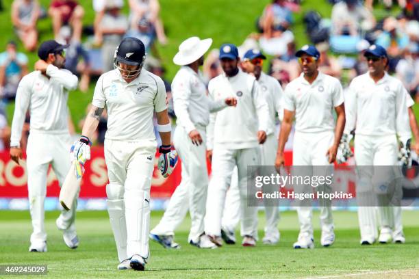 Brendon McCullum of New Zealand leaves the field after being dismissed during day one of the 2nd Test match between New Zealand and India on February...