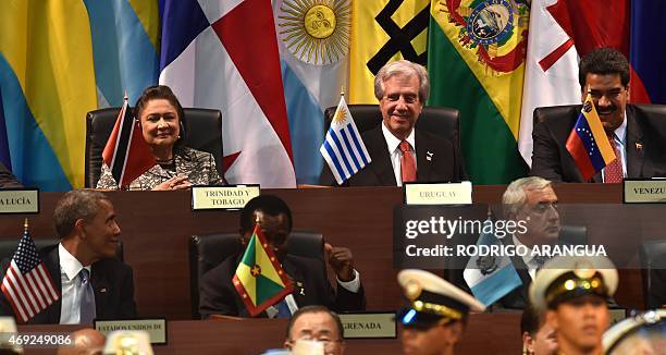 Trinidad and Tobago's Prime Minister Kamla Persad-Bissessar, Uruguay's President Tabare Vazquez and Venezuela's President Nicolas Maduro and US...