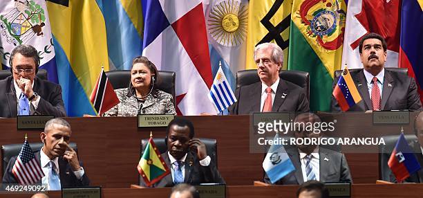 Saint Lucia's Prime Minister Kenny Anthony, Trinidad and Tobago's Prime Minister Kamla Persad-Bissessar, Uruguay's President Tabare Vazquez and...