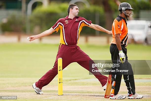 Ashley Renouf of Queensland bowls during the Imparja Cup match between Queensland and the Northern Territory at Jim McConville Oval on February 14,...