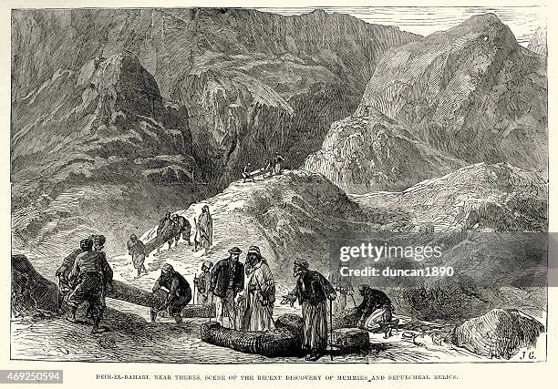 ilustrações de stock, clip art, desenhos animados e ícones de deir el-bahari egito-descoberta de mummies 1882 - arqueólogo