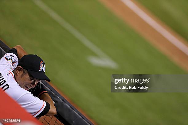 Ichiro Suzuki of the Miami Marlins looks on from the dugout during the fourth inning of the game against the Tampa Bay Rays at Marlins Park on April...