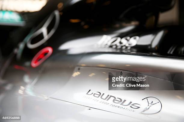 The Laureus Sport for Good Foundation logo is displayed on the F1 W06 belonging to Nico Rosberg of Germany and Mercedes GP during a Laureus photocall...