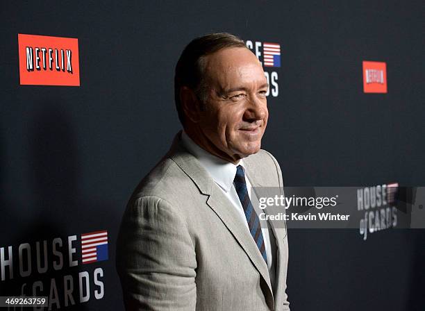 Producer/actor Kevin Spacey arrives at the special screening of Netflix's "House of Cards" Season 2 at the Directors Guild Of America on February 13,...