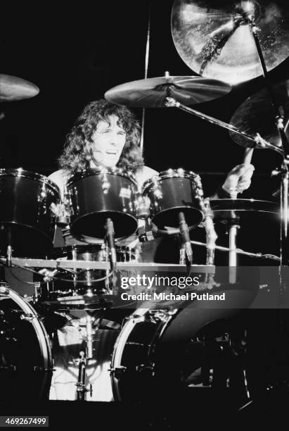 English drummer Aynsley Dunbar performing with American rock group Journey on their 'Infinity' tour, 1978.