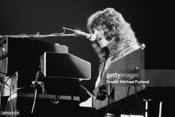 Singer and keyboard player Gregg Rolie performing with American rock group Journey on their 'Infinity' tour, 1978.