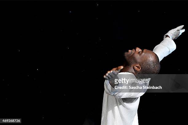 Hans Sarpei reacts during the 4th show of the television competition 'Let's Dance' on April 10, 2015 in Cologne, Germany.