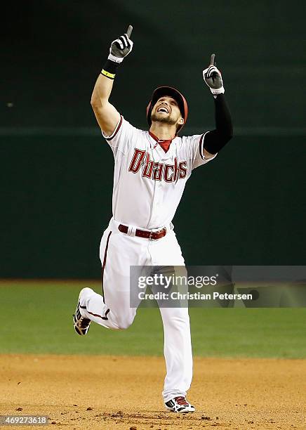 Ender Inciarte of the Arizona Diamondbacks celebrates after hitting a walk off RBI single against the Los Angeles Dodgers during the 10th inning of...