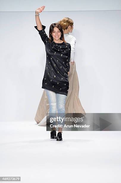 Designer Giada Curti walks the runway at the FLT Moda + Art Hearts Fashion show presented by AIDS Healthcare Foundation during Mercedes-Benz Fashion...