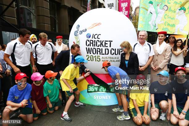 Australian cricketers Pat Cummins and Brett Lee, The Australian Prime Minister Tony Abbott, Minister for Sport and Recreation Gabrielle Upton and...