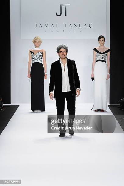 Designer Jamal Taslaq walks the runway at the FLT Moda + Art Hearts Fashion show presented by AIDS Healthcare Foundation during Mercedes-Benz Fashion...