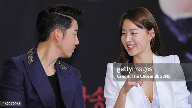 Yoon Kye-Sang and Han Ji-Hye attend the KBS drama 'The Full Sun' press conference at Amoris Wedding Hall on February 13, 2014 in Seoul, South Korea.