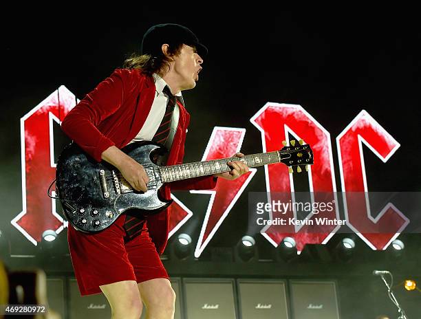 Musician Angus Young of AC/DC performs onstage during day 1 of the 2015 Coachella Valley Music & Arts Festival at the Empire Polo Club on April 10,...