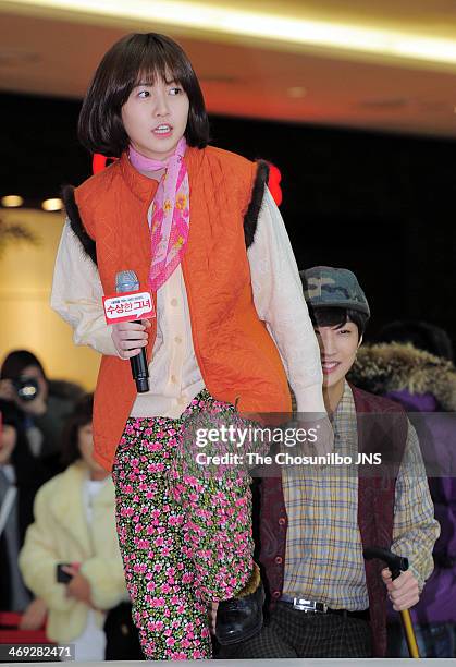 Sim Eun-Kyung and Jin-Young of B1A4 attend the movie 'Miss Granny' free hug event at Times Square on February 13, 2014 in Seoul, South Korea.