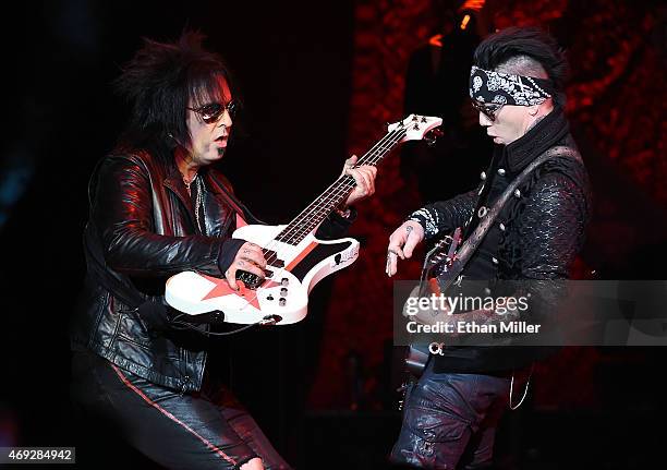 Bassist Nikki Sixx and guitarist Dj Ashba of Sixx:A.M. Perform at The Joint inside the Hard Rock Hotel & Casino on April 10, 2015 in Las Vegas,...