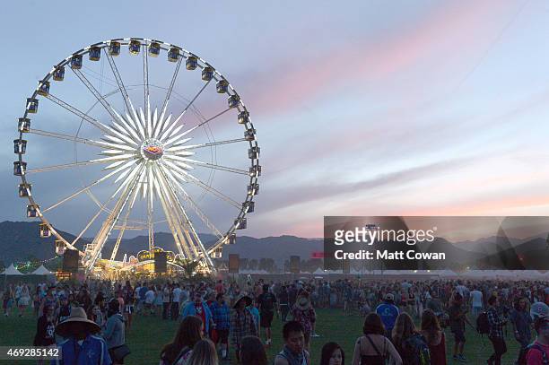The Ferris wheel is seen after sunset during day 1 of the 2015 Coachella Valley Music & Arts Festival at the Empire Polo Club on April 10, 2015 in...