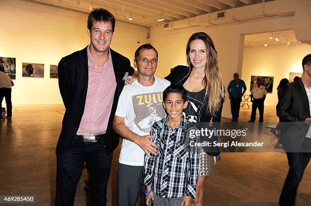 William Chewning, Nino and Vanessa Moravo attend Andrew Levitas Metalwork Playground opening reception at Blueshift Wynwood on April 10, 2015 in...