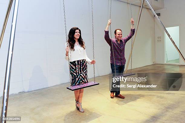 Sheila Blum and Christopher Blum attend Andrew Levitas Metalwork Playground opening reception at Blueshift Wynwood on April 10, 2015 in Miami,...