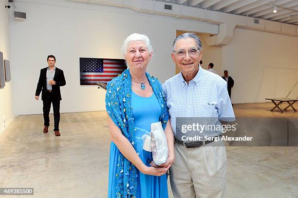 Sima Greenblat and Eduard Greenblat attend Andrew Levitas Metalwork Playground opening reception at Blueshift Wynwood on April 10, 2015 in Miami,...