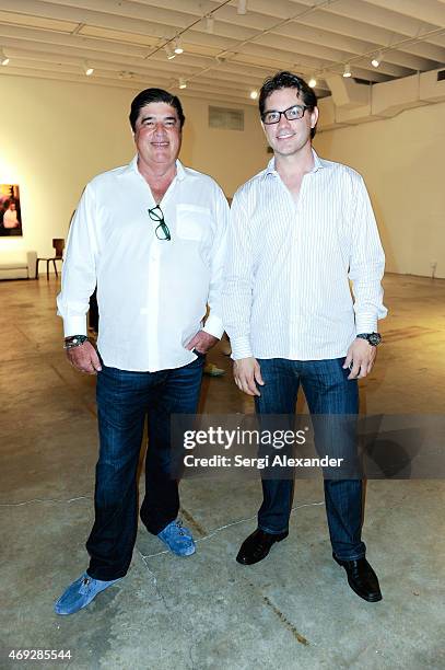 Jorge Burillo and Gabriel Reynoso attend Andrew Levitas Metalwork Playground opening reception at Blueshift Wynwood on April 10, 2015 in Miami,...