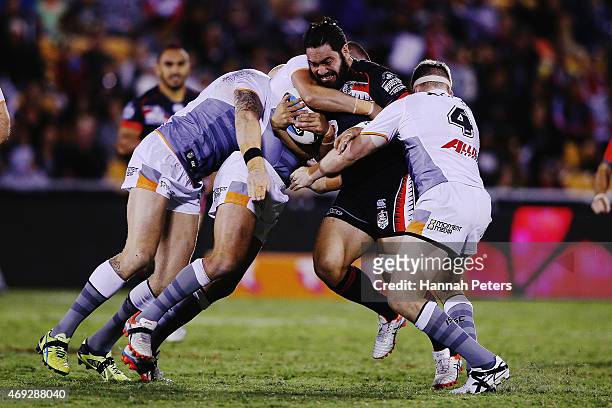 Konrad Hurrell of the Warriors charges forward during the round six NRL match between the New Zealand Warriors and the Wests Tigers at Mt Smart...