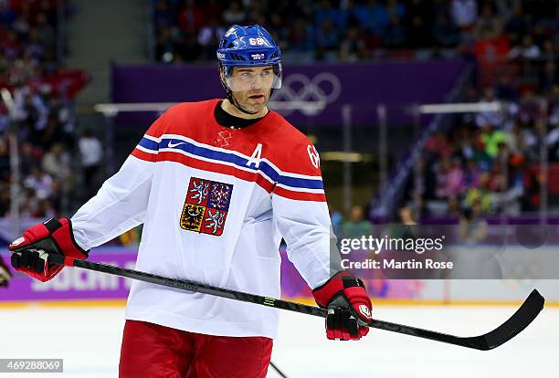 Jaromir Jagr of Czech Republic looks on in the first period against Latvia during the Men's Ice Hockey Preliminary Round Group C game on day seven of...