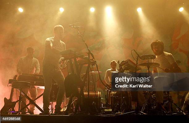 Musicians Ryan Smith, Dan Snaith, John Schmersal and Brad Weber of Caribou perform onstage during day 1 of the 2015 Coachella Valley Music & Arts...