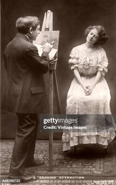 Drawing Attraction' - a young couple make eyes at each other during a portrait painting session, 1907. By the Rotagraph Company, New York.