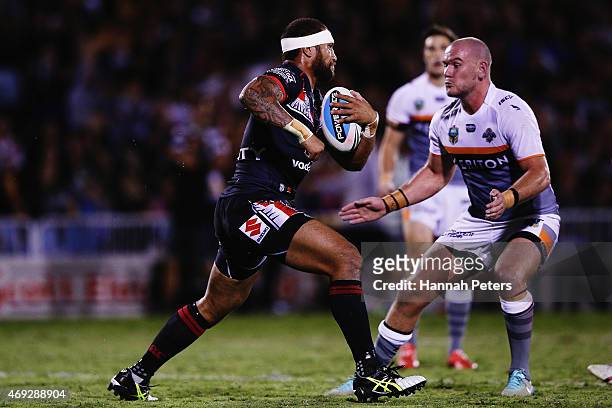 Manu Vatuvei of the Warriors charges forward during the round six NRL match between the New Zealand Warriors and the Wests Tigers at Mt Smart Stadium...