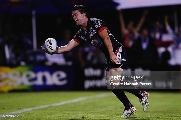 Chad Townsend of the Warriors celebrates after scoring a try during the round six NRL match between the New Zealand Warriors and the Wests Tigers at...