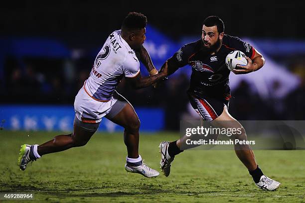 Ben Matulino of the Warriors makes a break during the round six NRL match between the New Zealand Warriors and the Wests Tigers at Mt Smart Stadium...