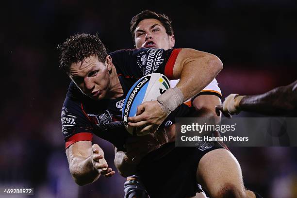 Ryan Hoffman of the Warriors charges forward during the round six NRL match between the New Zealand Warriors and the Wests Tigers at Mt Smart Stadium...