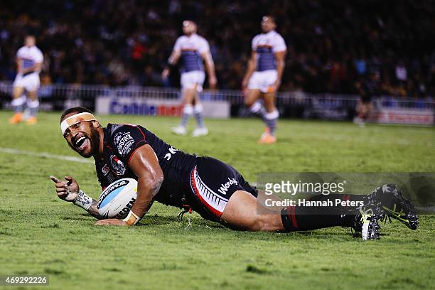Manu Vatuvei of the Warriors celebrates after scoring a try during the round six NRL match between the New Zealand Warriors and the Wests Tigers at...