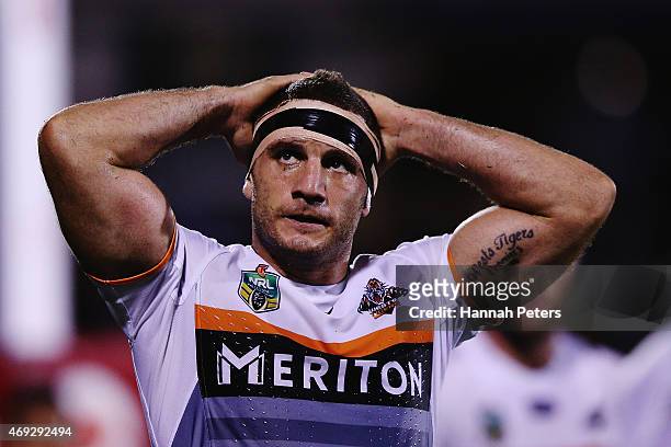 Robbie Farah of the Tigers looks on during the round six NRL match between the New Zealand Warriors and the Wests Tigers at Mt Smart Stadium on April...