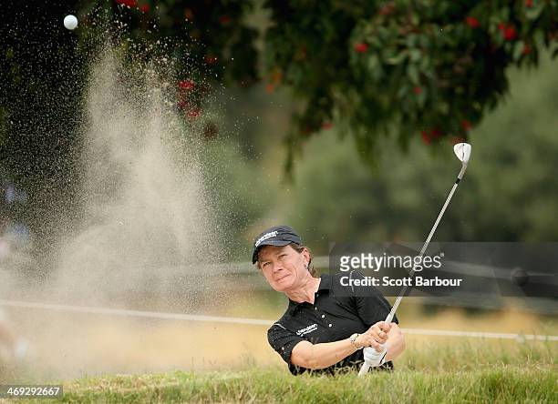 Catriona Matthew of Scotland plays out of a bunker during the second round of the ISPS Handa Women's Australian Open at The Victoria Golf Club on...