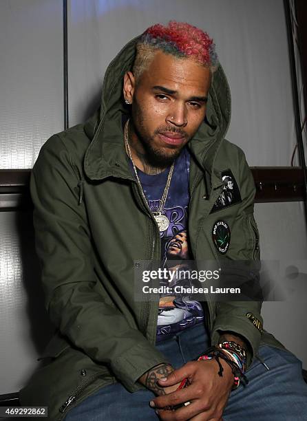 Singer Chris Brown attends the NYLON Midnight Garden Party at a private residence on April 10, 2015 in Bermuda Dunes, California.