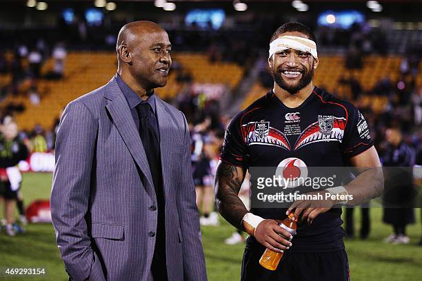 Manu Vatuvei of the Warriors is congratulated by Jonah Lomu after playing his 200th game following the round six NRL match between the New Zealand...