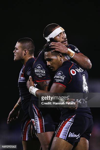 Manu Vatuvei of the Warriors celebrates with Solomone Kata of the Warriors after winning the round six NRL match between the New Zealand Warriors and...