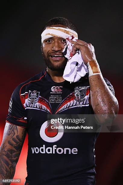 Manu Vatuvei of the Warriors looks on after winning the round six NRL match between the New Zealand Warriors and the Wests Tigers at Mt Smart Stadium...