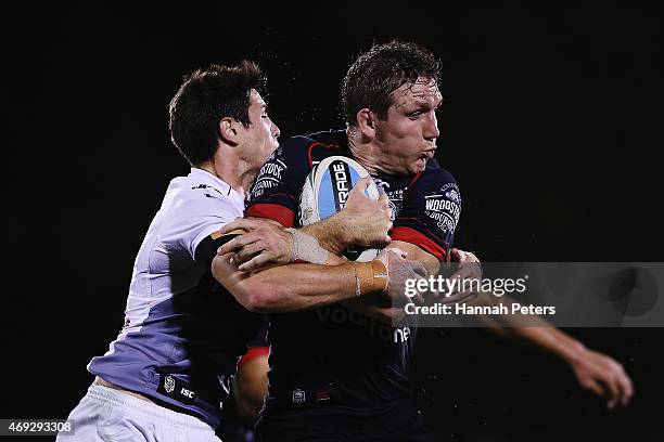 Ryan Hoffman of the Warriors charges forward during the round six NRL match between the New Zealand Warriors and the Wests Tigers at Mt Smart Stadium...