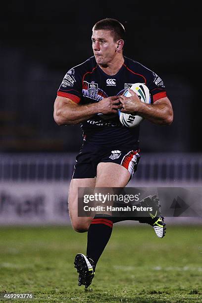 Jacob Lillyman of the Warriors charges forward during the round six NRL match between the New Zealand Warriors and the Wests Tigers at Mt Smart...