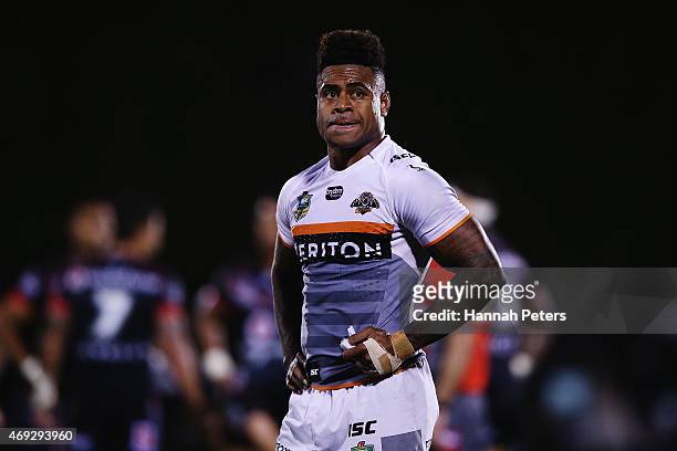 Kevin Naiqama of the Tigers looks on during the round six NRL match between the New Zealand Warriors and the Wests Tigers at Mt Smart Stadium on...