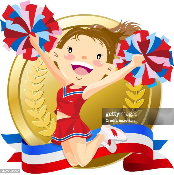 cheerleader jumping in front of golden medal - pep rally stock illustrations