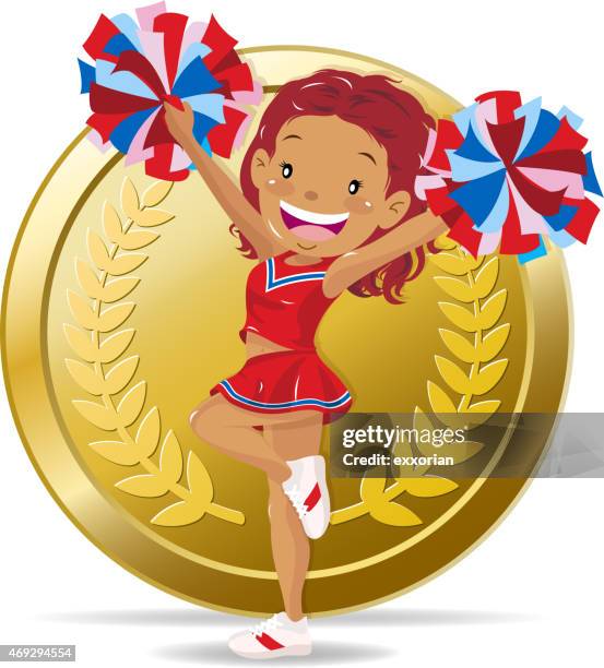 cheerleader cheers for sports in front of medal - pep rally stock illustrations