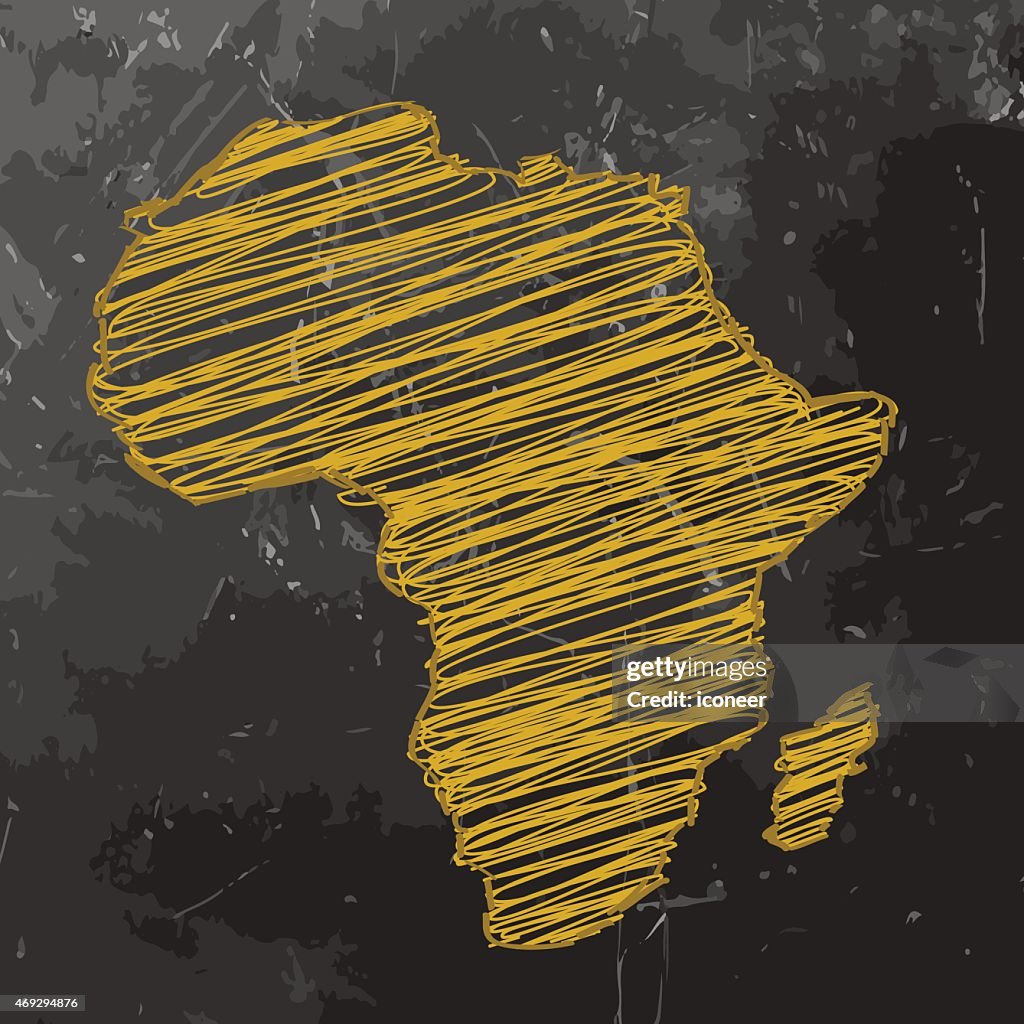 Africa Map yellow sketched on dark chalkboard background