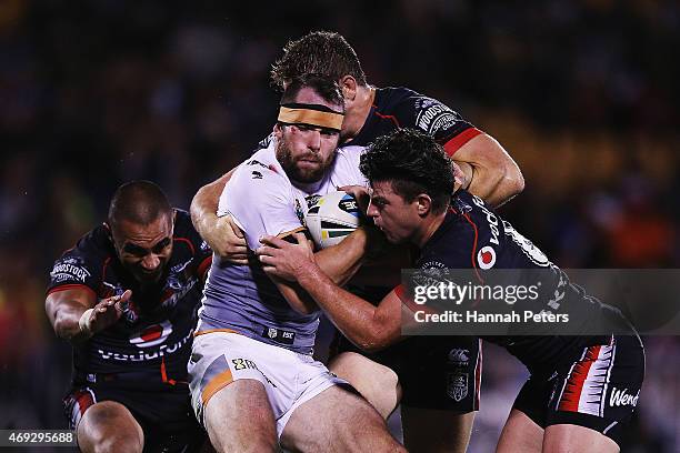 Pat Richards of the Tigers charges forward during the round six NRL match between the New Zealand Warriors and the Wests Tigers at Mt Smart Stadium...