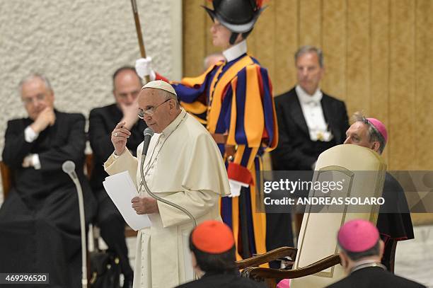 Pope Francis delivers his speech, during his meeting with members of Istituti di Vita Consacrata and Società di Vita Apostolica , in Aula Paolo VI at...