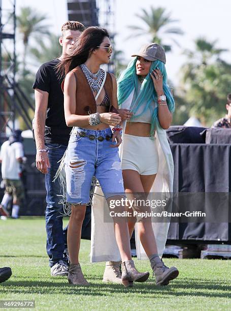 Kendall Jenner and Kylie Jenner are seen at Coachella Valley Music and Arts Festival at The Empire Polo Club on April 10, 2015 in Indio, California.